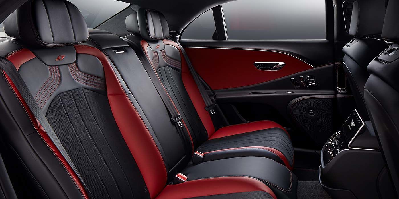 Bentley Monaco Bentley Flying Spur S sedan rear interior in Beluga black and Hotspur red hide with S stitching