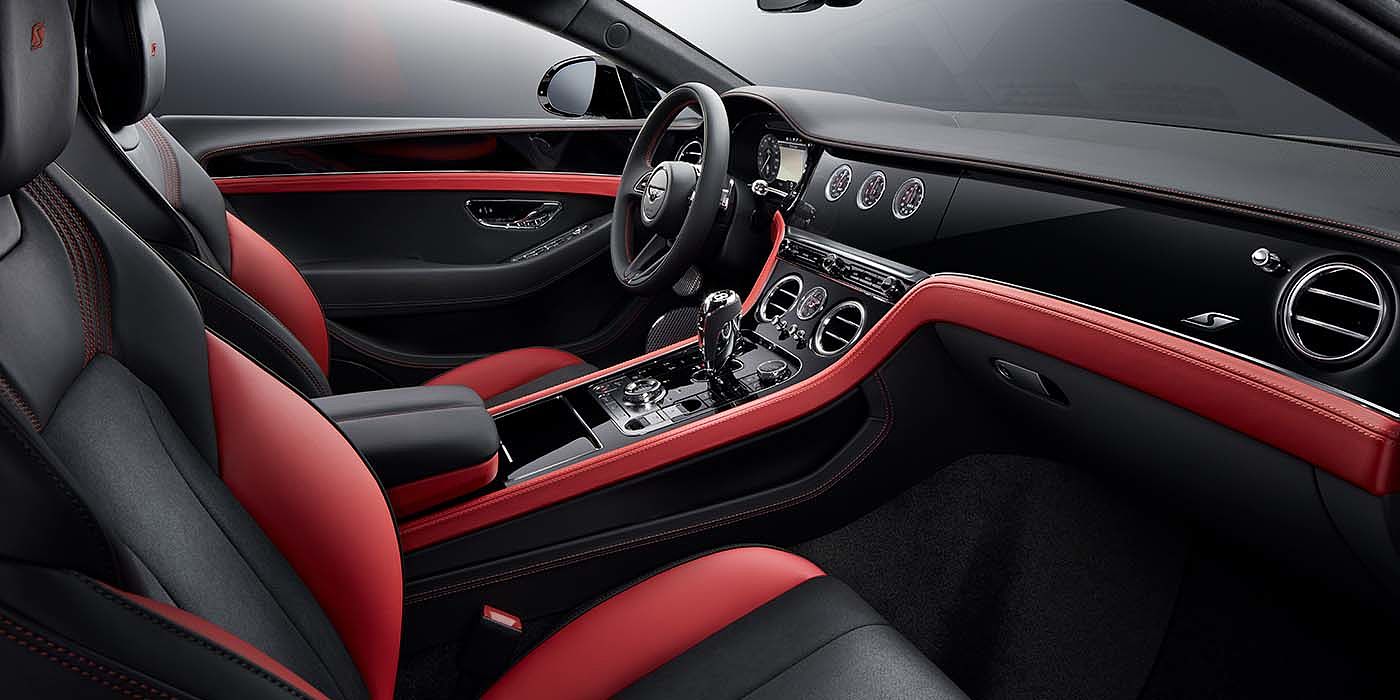 Bentley Monaco Bentley Continental GT S coupe front interior in Beluga black and Hotspur red hide with high gloss Carbon Fibre veneer