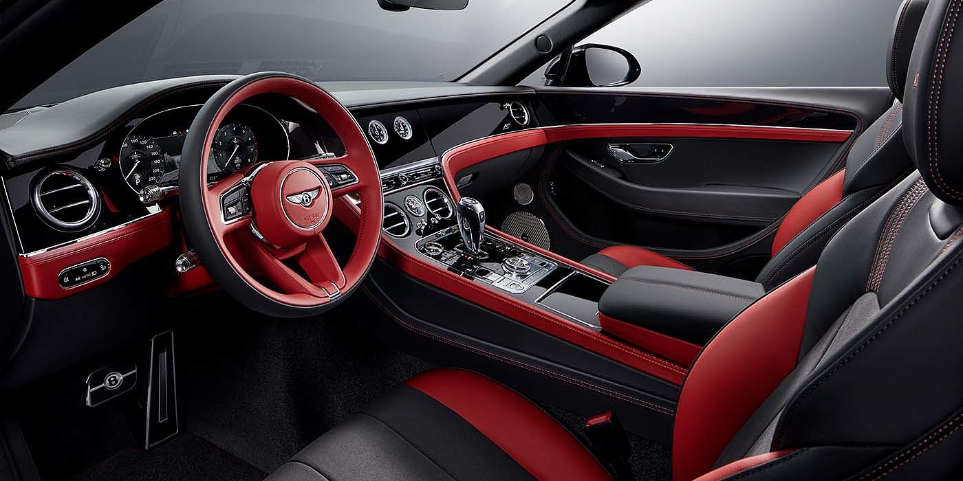 Bentley Monaco Bentley Continental GTC S convertible front interior in Beluga black and Hotspur red hide with high gloss carbon fibre veneer