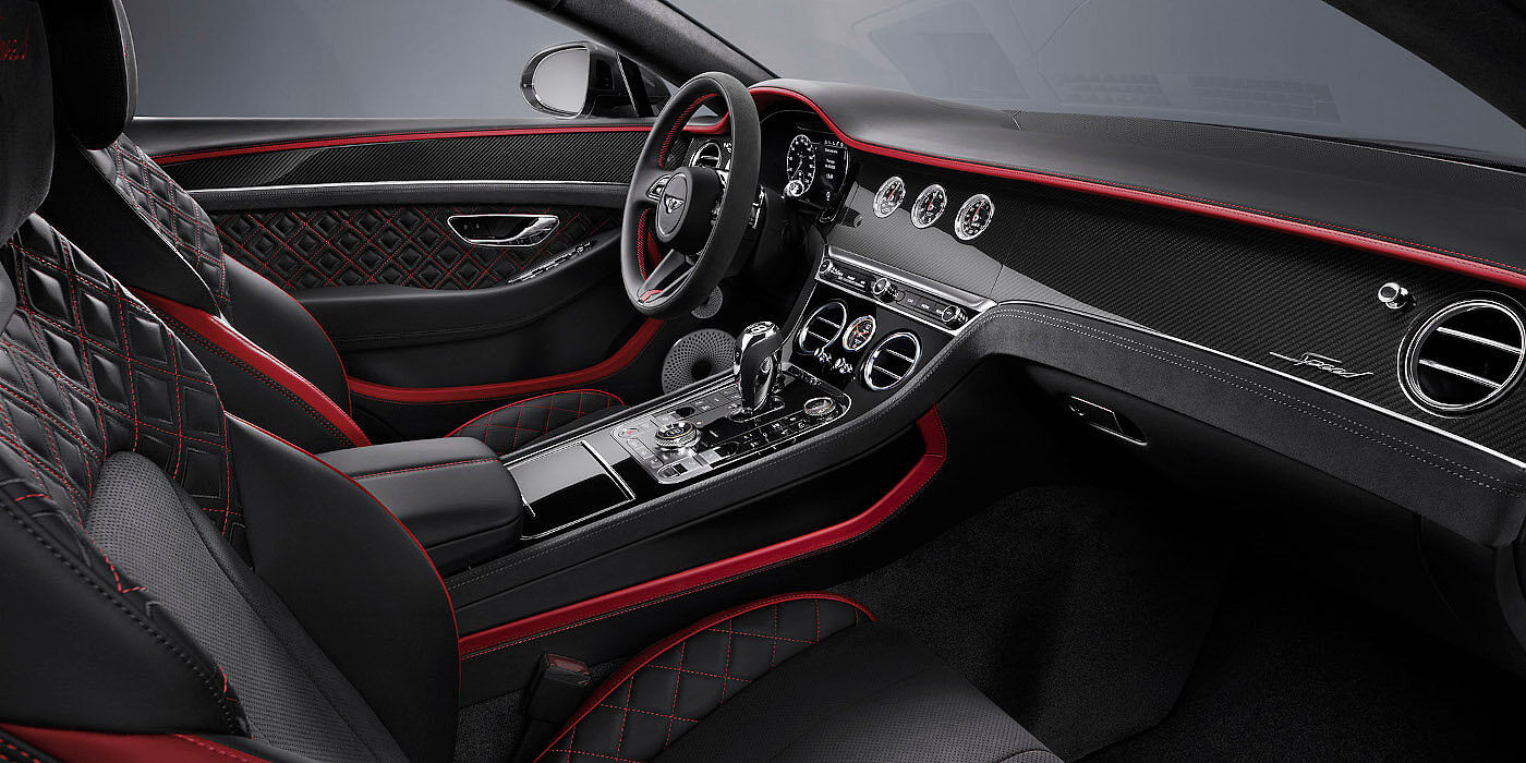 Bentley Monaco Bentley Continental GT Speed coupe front interior in Beluga black and Hotspur red hide
