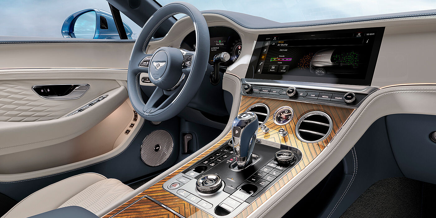 Bentley Monaco New Bentley Continental GTC Azure convertible interior front cabin view with Linen and Brunel hides and Piano Linen by Mulliner veneer featuring centre console and centre MMI screen