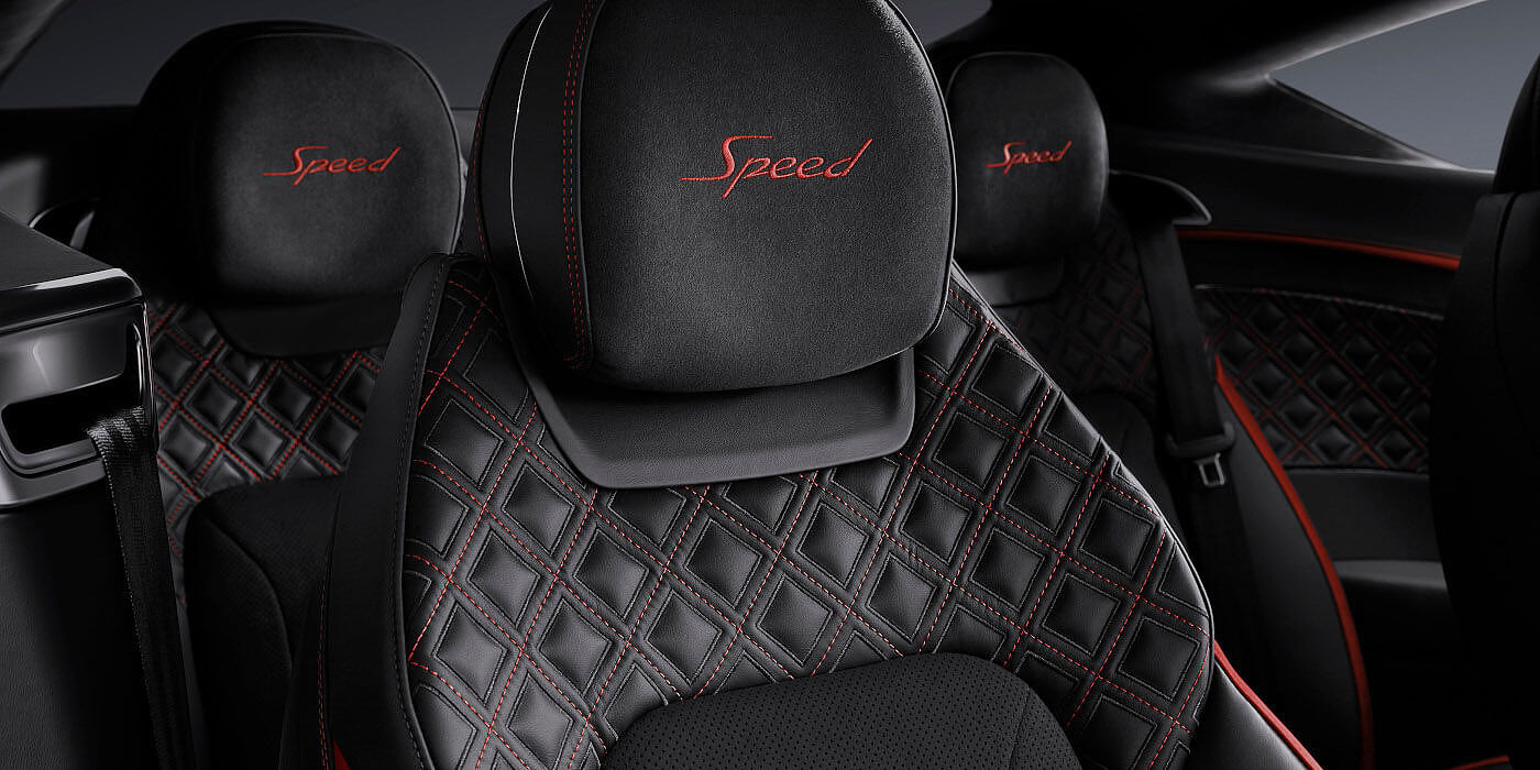 Bentley Monaco Bentley Continental GT Speed coupe seat close up in Beluga black and Hotspur red hide