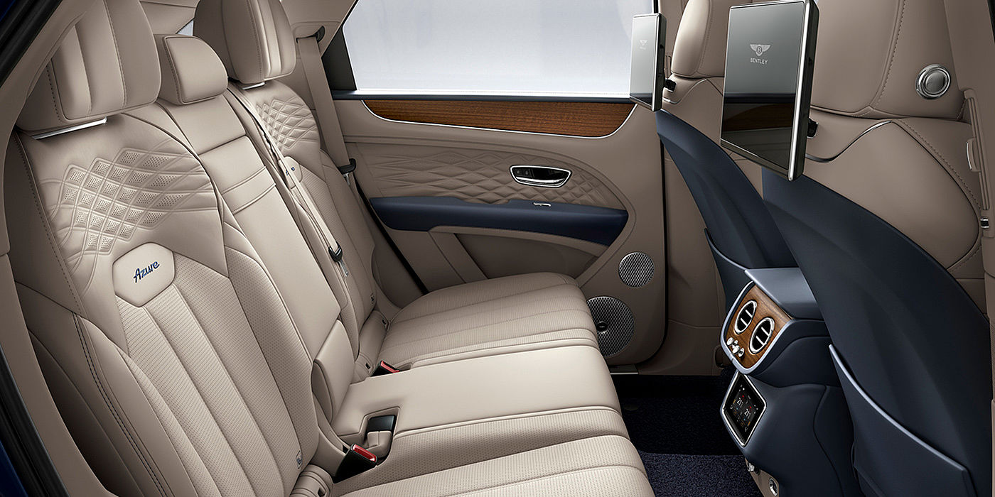 Bentley Monaco Bentey Bentayga Azure interior view for rear passengers with Portland hide and Rear Seat Entertainment. 