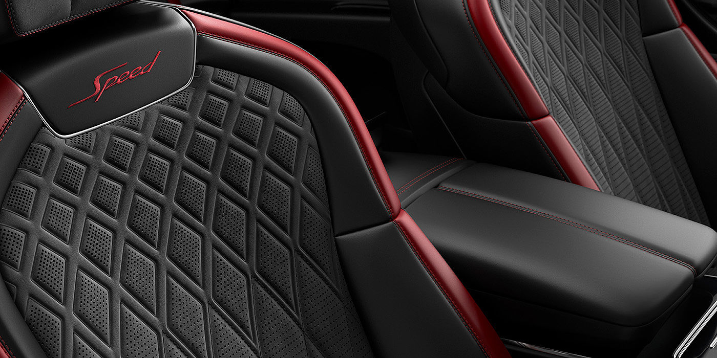 Bentley Monaco Bentley Flying Spur Speed sedan seat stitching detail in Beluga black and Cricket Ball red hide