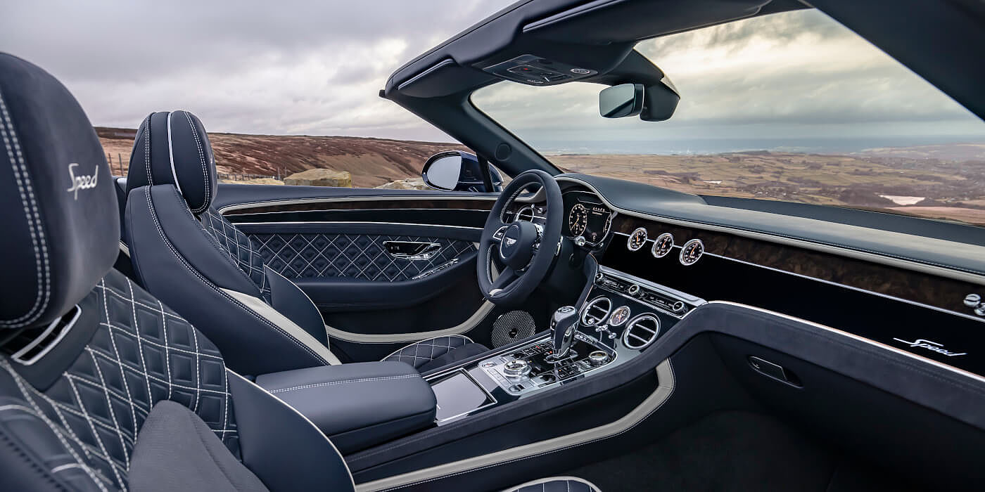 Bentley Monaco Bentley Continental GTC Speed convertible front interior in Imperial Blue and Linen hide