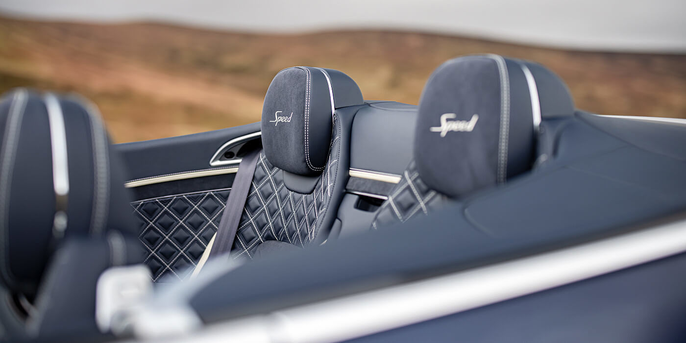 Bentley Monaco Bentley Continental GTC Speed convertible rear interior in Imperial Blue and Linen hide