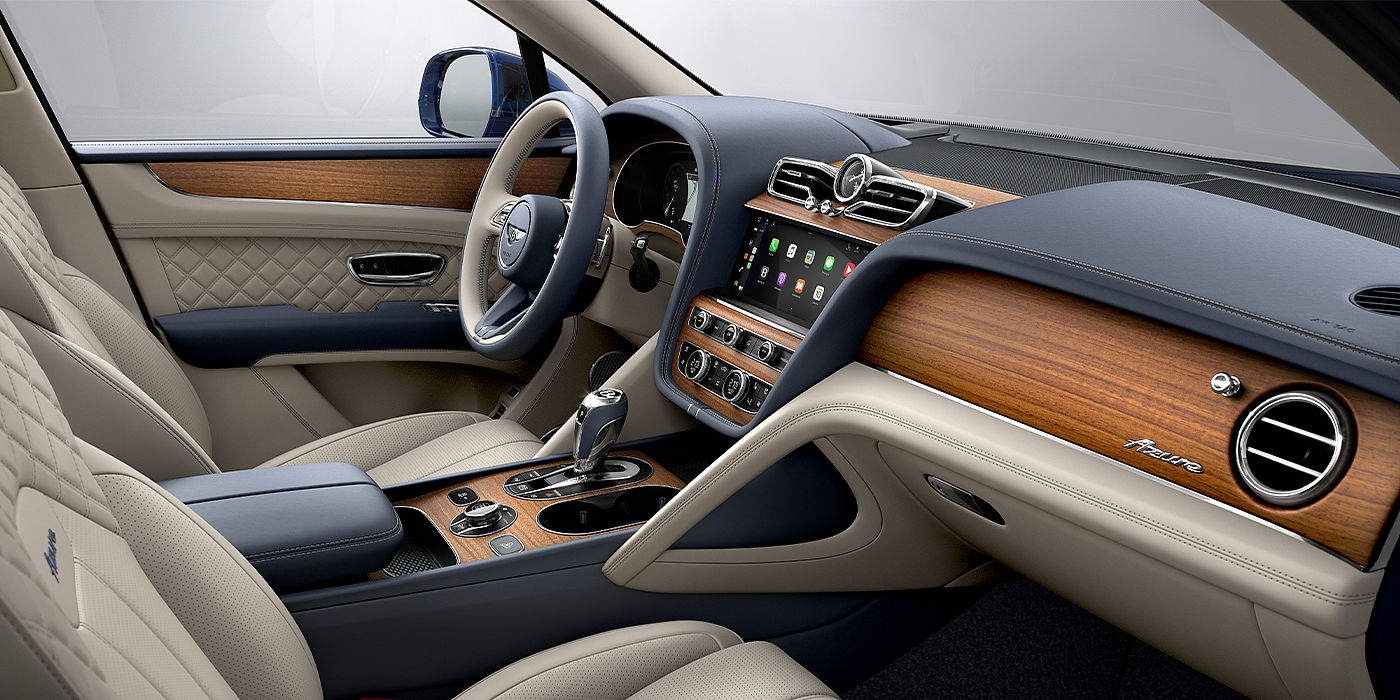 Bentley Monaco Bentley Bentayga Azure SUV front interior in Imperial Blue and Linen hide