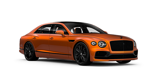 Bentley Monaco Bentley Flying Spur Speed front side angled view in Orange Flame coloured exterior. 