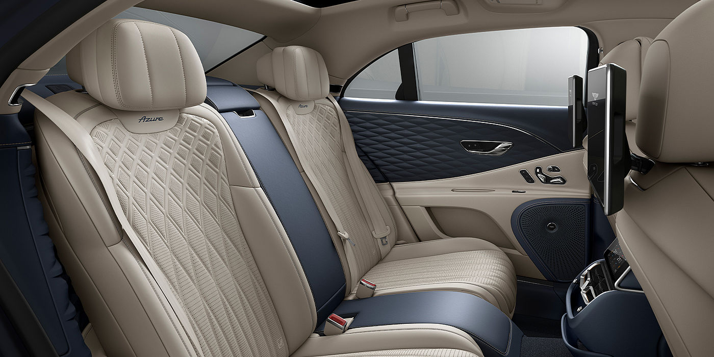 Bentley Monaco Bentley Flying Spur Azure sedan rear interior in Imperial Blue and Linen hide