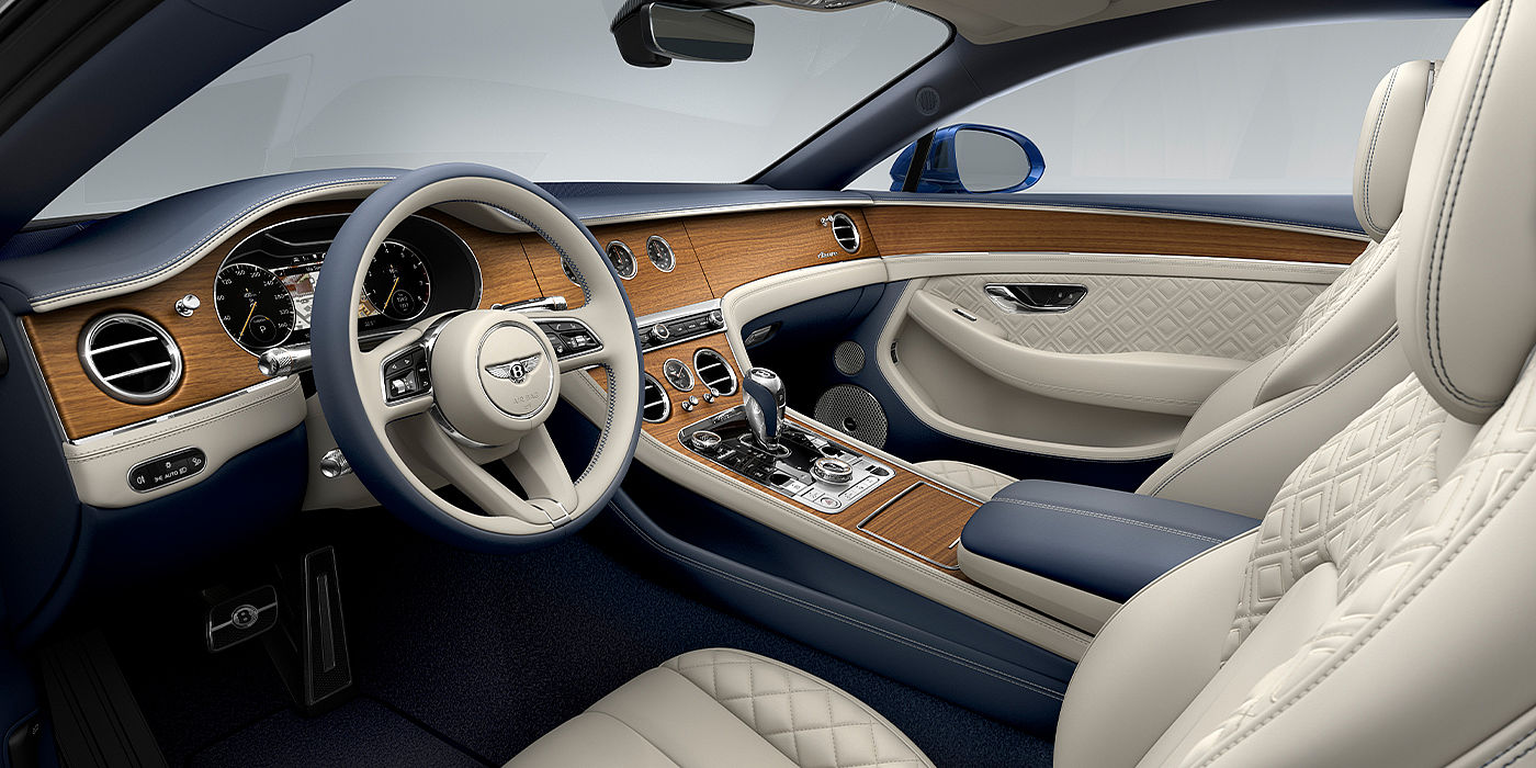 Bentley Monaco Bentley Continental GT Azure coupe front interior in Imperial Blue and linen hide