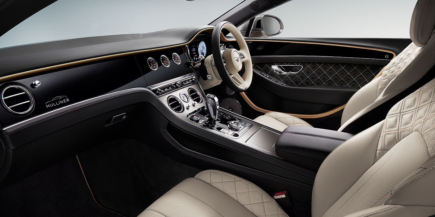 Bentley Monaco Bentley Continental GT Mulliner coupe front interior in Beluga black and Linen hide