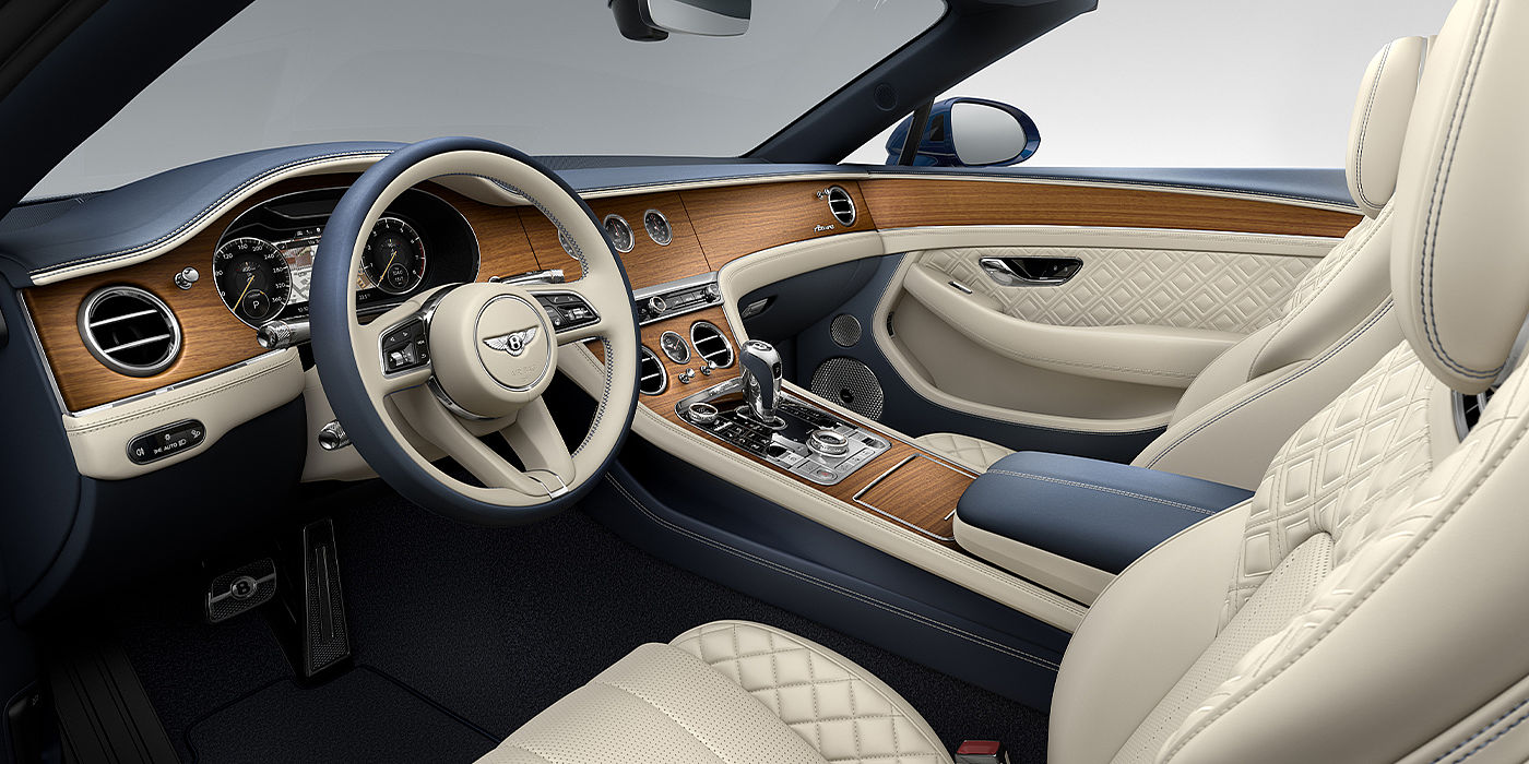 Bentley Monaco Bentley Continental GTC Azure convertible front interior in Imperial Blue and Linen hide