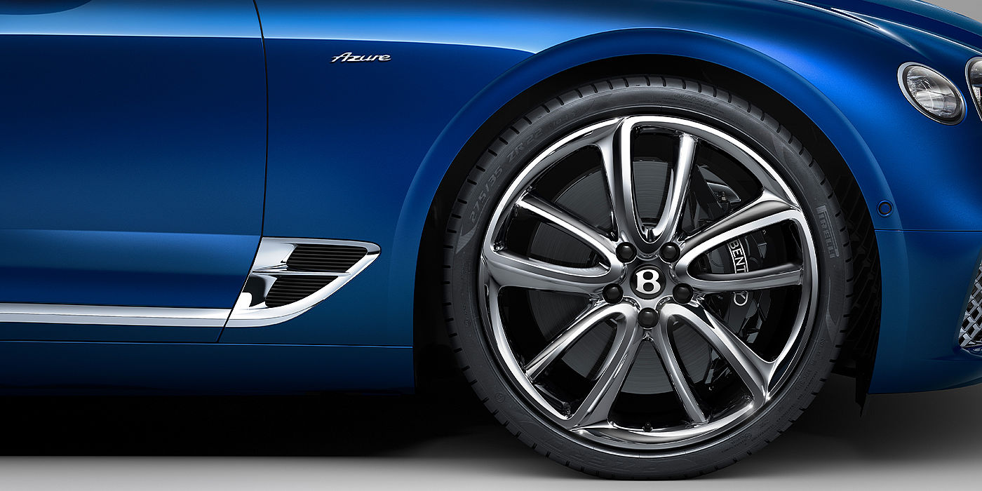 Bentley Monaco Bentley Continental GTC Azure convertible in Sequin Blue paint side profile with Azure badge close up