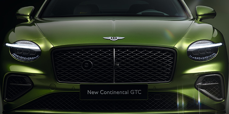 Bentley Monaco Bentley Continental GTC Speed convertible front bonnet detail in Tourmaline Green paint showing new light design