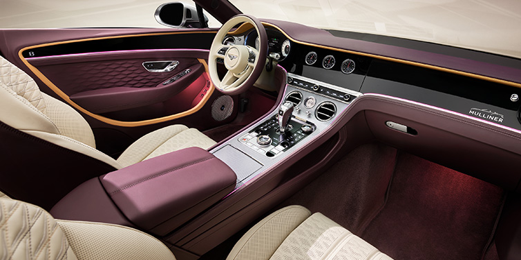 Bentley Monaco Bentley Continental GTC Mulliner convertible front interior including Linen and Damson purple hides and Grand Black veneer