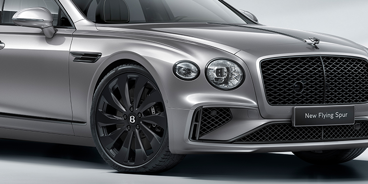 Bentley Monaco New Bentley Flying Spur sedan front bonnet in Silverlake paint with Black Specification with black ten spoke wheel, black matrix grille and black exterior details